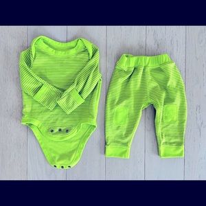 Adorable bright green striped thermal Patagonia onesie and matching pants, 3-6m